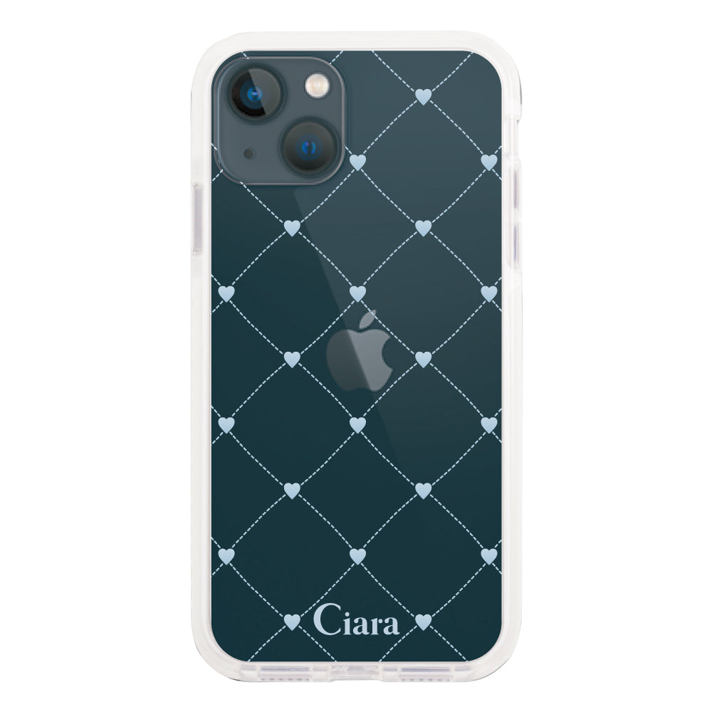 iPhone13miniケース クッションバンパー 耐衝撃クリアケース ハートキルティング ブルー