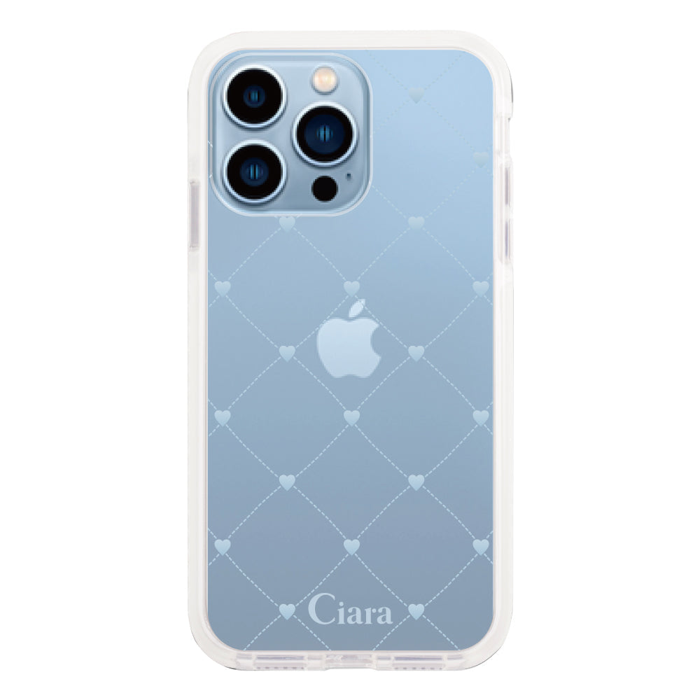 iPhone13ProMaxケース クッションバンパー 耐衝撃クリアケース ハートキルティング ブルー
