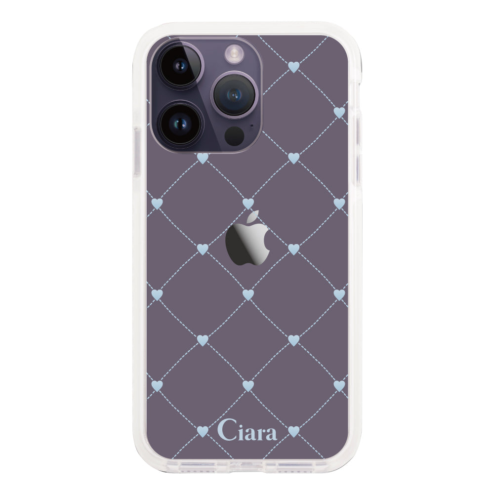 iPhone14ProMaxケース クッションバンパー 耐衝撃クリアケース ハートキルティング ブルー