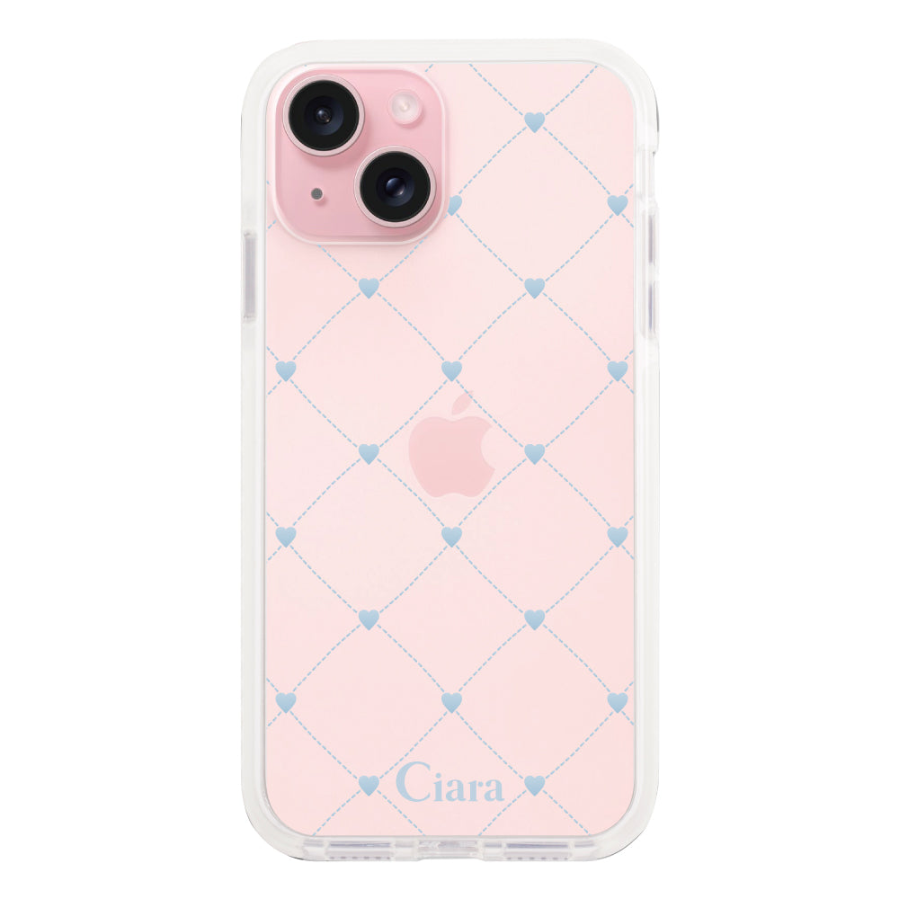 iPhone15ケース クッションバンパー 耐衝撃クリアケース ハートキルティング ブルー