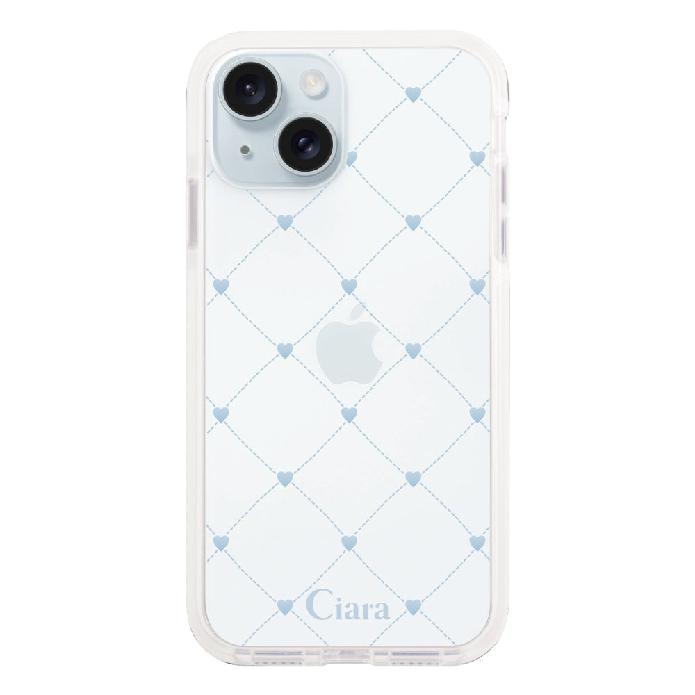 iPhone15Plusケース クッションバンパー 耐衝撃クリアケース ハートキルティング ブルー