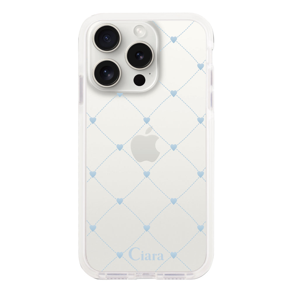 iPhone15ProMaxケース クッションバンパー 耐衝撃クリアケース ハートキルティング ブルー