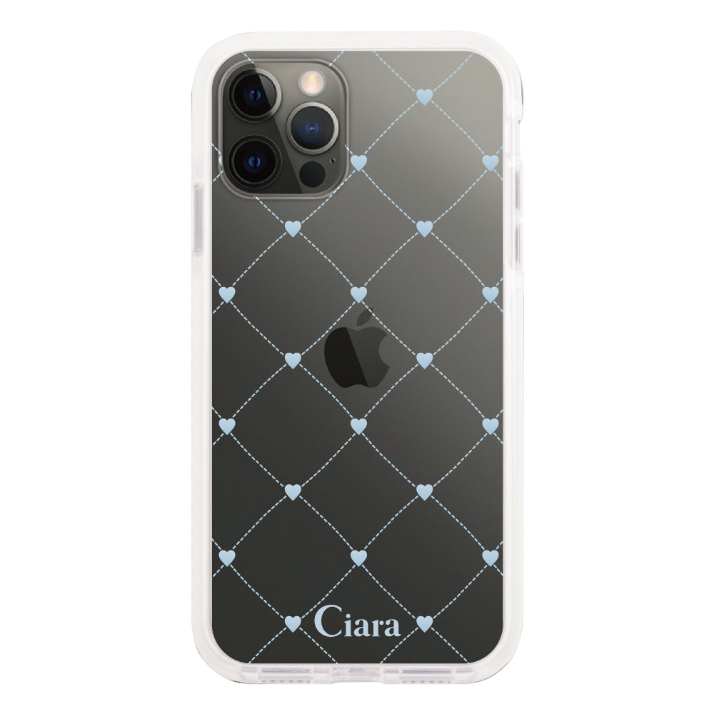 iPhoneX/XSケース クッションバンパー 耐衝撃クリアケース ハートキルティング ブルー