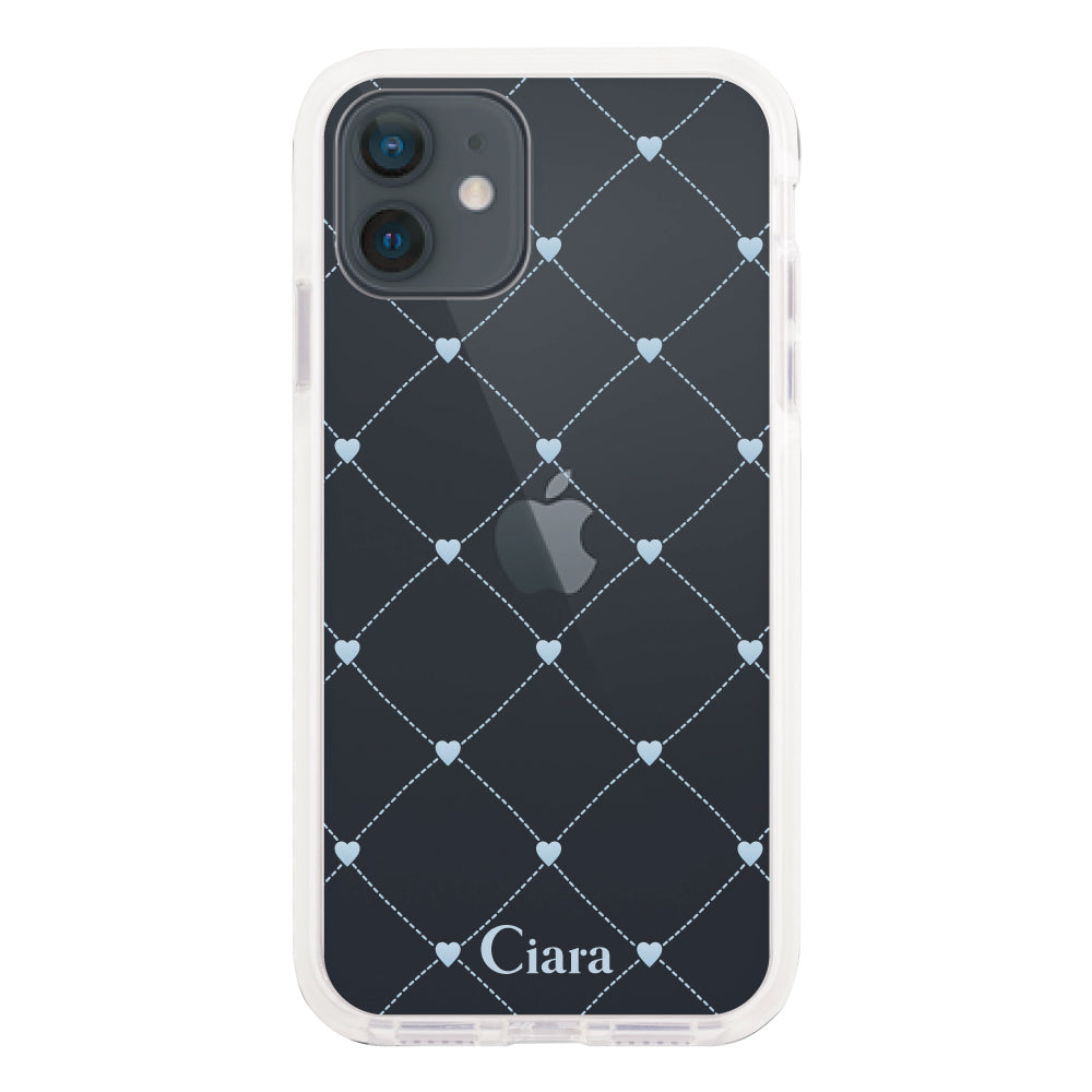 iPhoneXRケース クッションバンパー 耐衝撃クリアケース ハートキルティング ブルー
