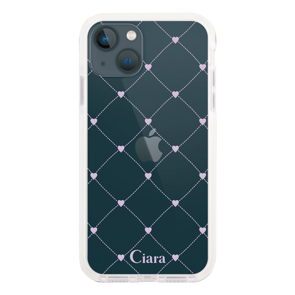 iPhone13miniケース クッションバンパー 耐衝撃クリアケース ハートキルティング パープル