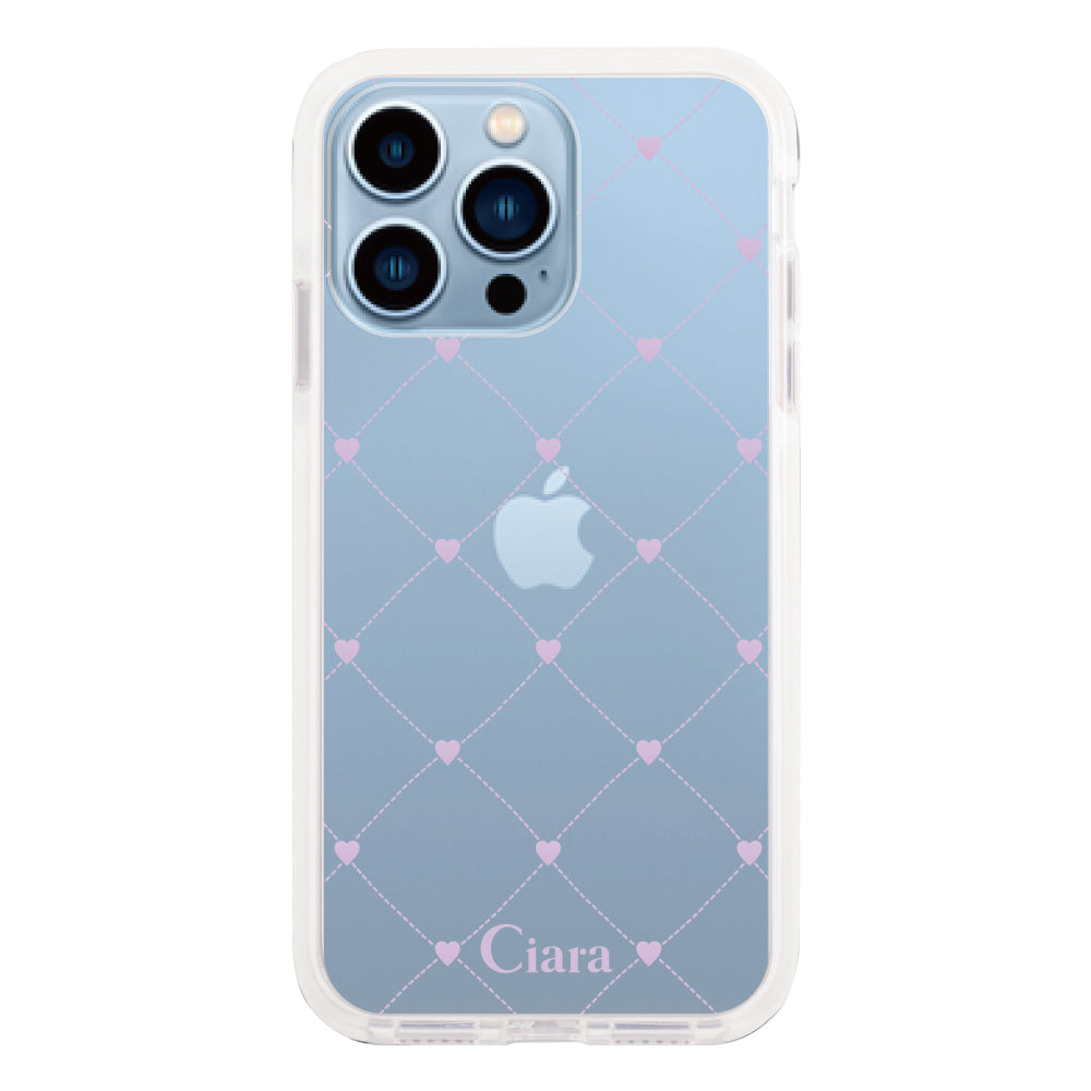 iPhone13ProMaxケース クッションバンパー 耐衝撃クリアケース ハートキルティング パープル