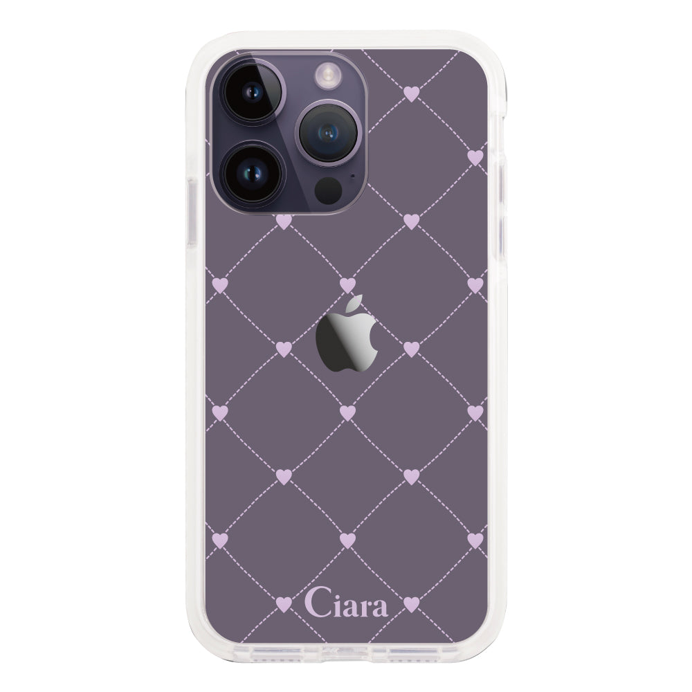 iPhone14ProMaxケース クッションバンパー 耐衝撃クリアケース ハートキルティング パープル