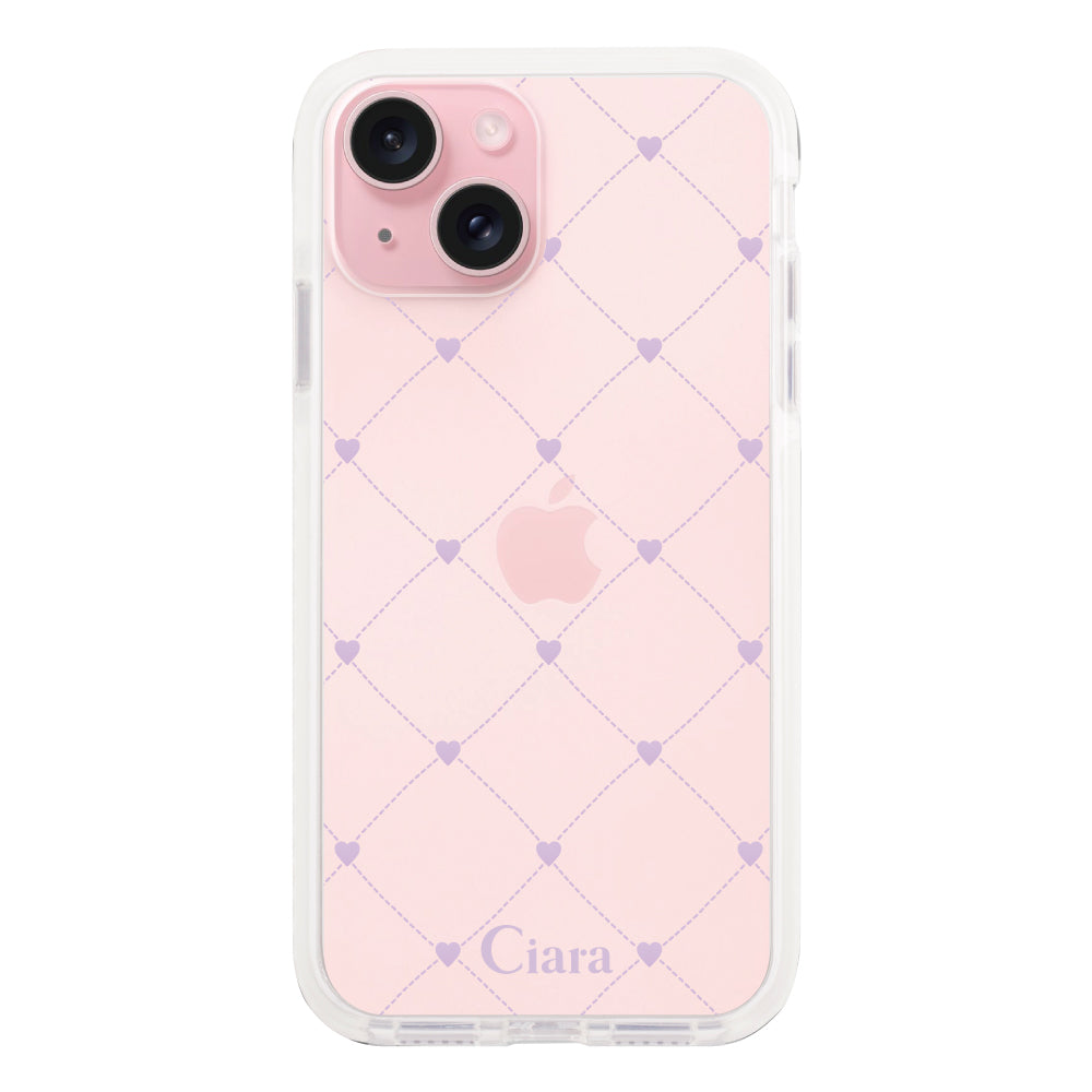 iPhone15ケース クッションバンパー 耐衝撃クリアケース ハートキルティング パープル