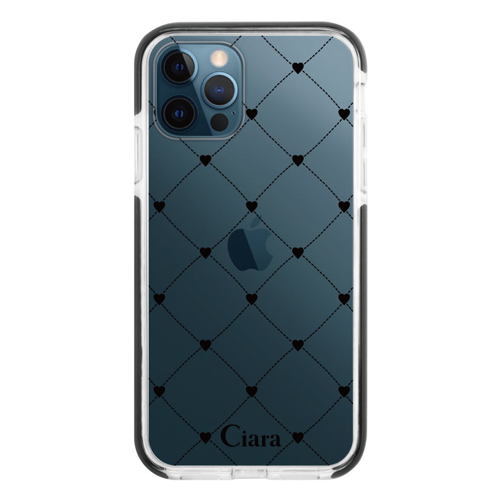 iPhone12ProMaxケース クッションバンパー 耐衝撃クリアケース ハートキルティング ブラック