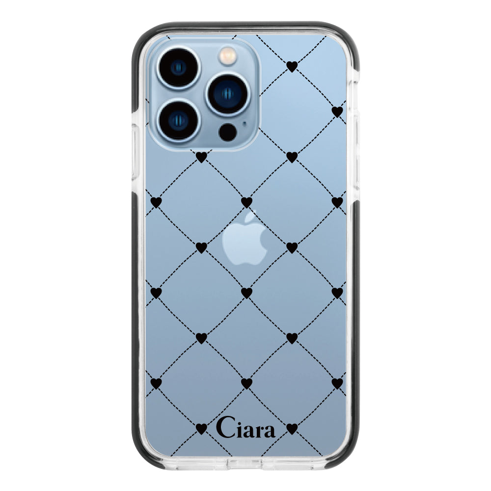 iPhone13ProMaxケース クッションバンパー 耐衝撃クリアケース ハートキルティング ブラック