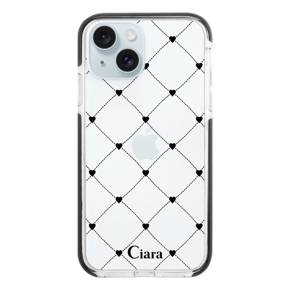 iPhone15Plusケース クッションバンパー 耐衝撃クリアケース ハートキルティング ブラック