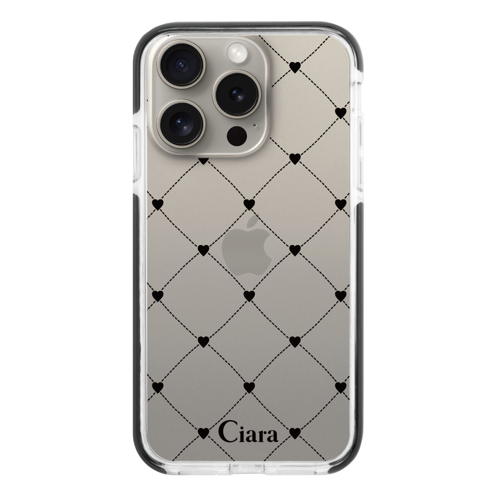 iPhone15Proケース クッションバンパー 耐衝撃クリアケース ハートキルティング ブラック
