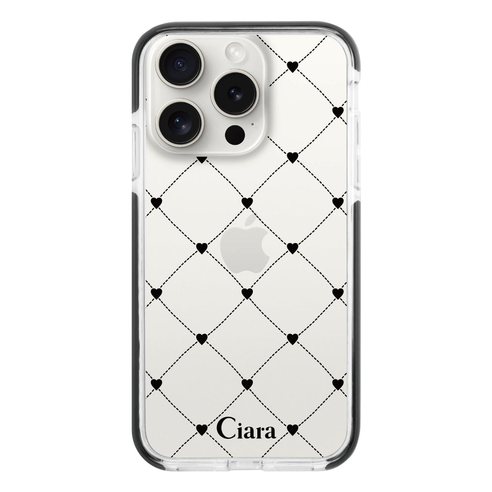 iPhone15ProMaxケース クッションバンパー 耐衝撃クリアケース ハートキルティング ブラック