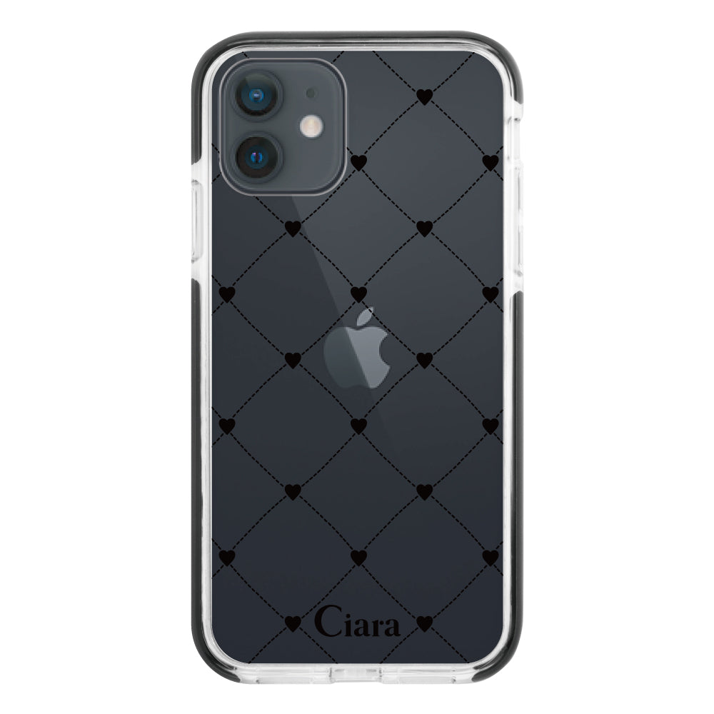 iPhoneXRケース クッションバンパー 耐衝撃クリアケース ハートキルティング ブラック