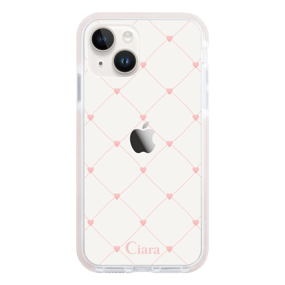 iPhone14ケース クッションバンパー 耐衝撃クリアケース ハートキルティング ピンク