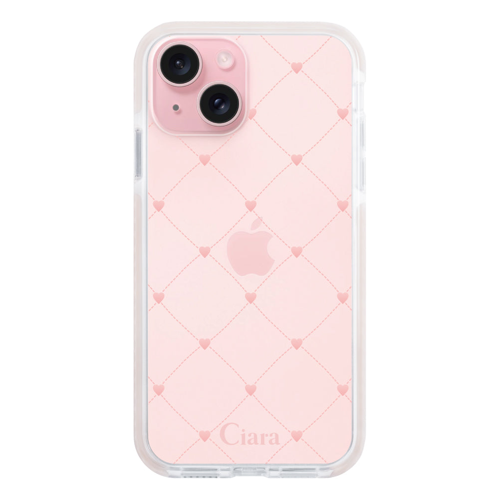 iPhone15ケース クッションバンパー 耐衝撃クリアケース ハートキルティング ピンク