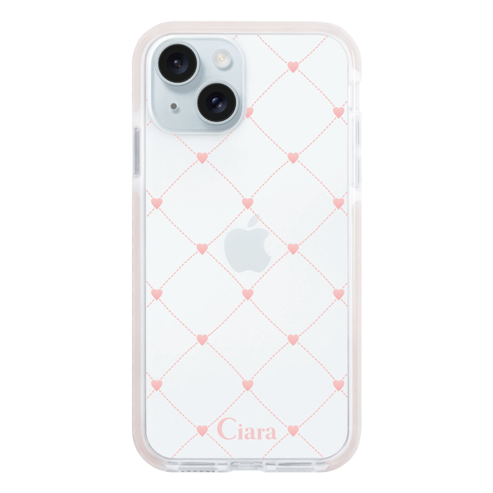 iPhone15Plusケース クッションバンパー 耐衝撃クリアケース ハートキルティング ピンク