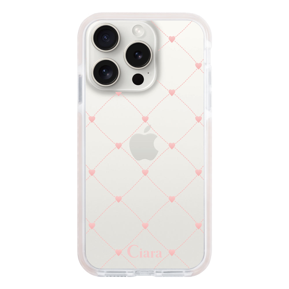 iPhone15ProMaxケース クッションバンパー 耐衝撃クリアケース ハートキルティング ピンク