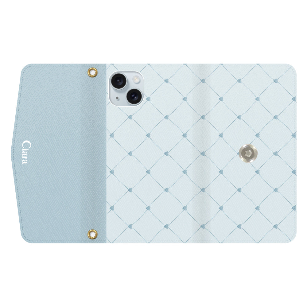 iPhone15Plusケース 手帳型カード収納レザーケース ハートキルティング ブルー