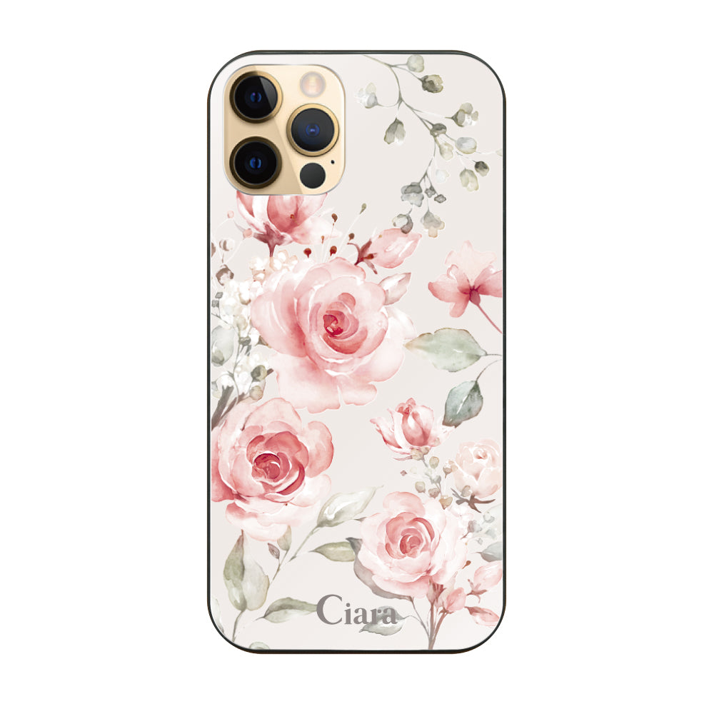 iPhone11Proケース ガラス 強化ガラスケース スプリンクルフラワー ピンク
