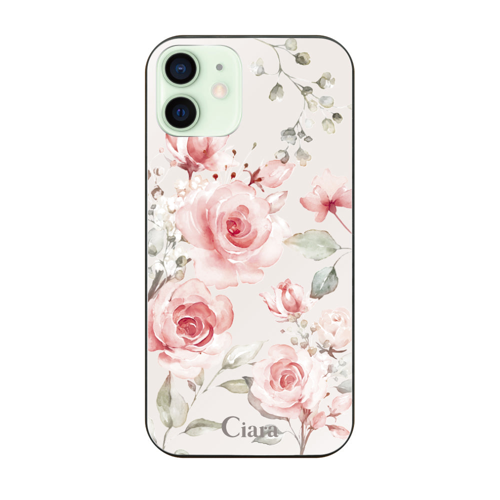 iPhone12miniケース ガラス 強化ガラスケース スプリンクルフラワー ピンク