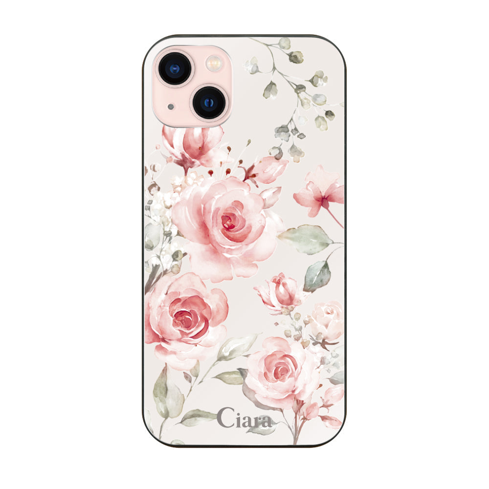iPhone13ケース ガラス 強化ガラスケース スプリンクルフラワー ピンク