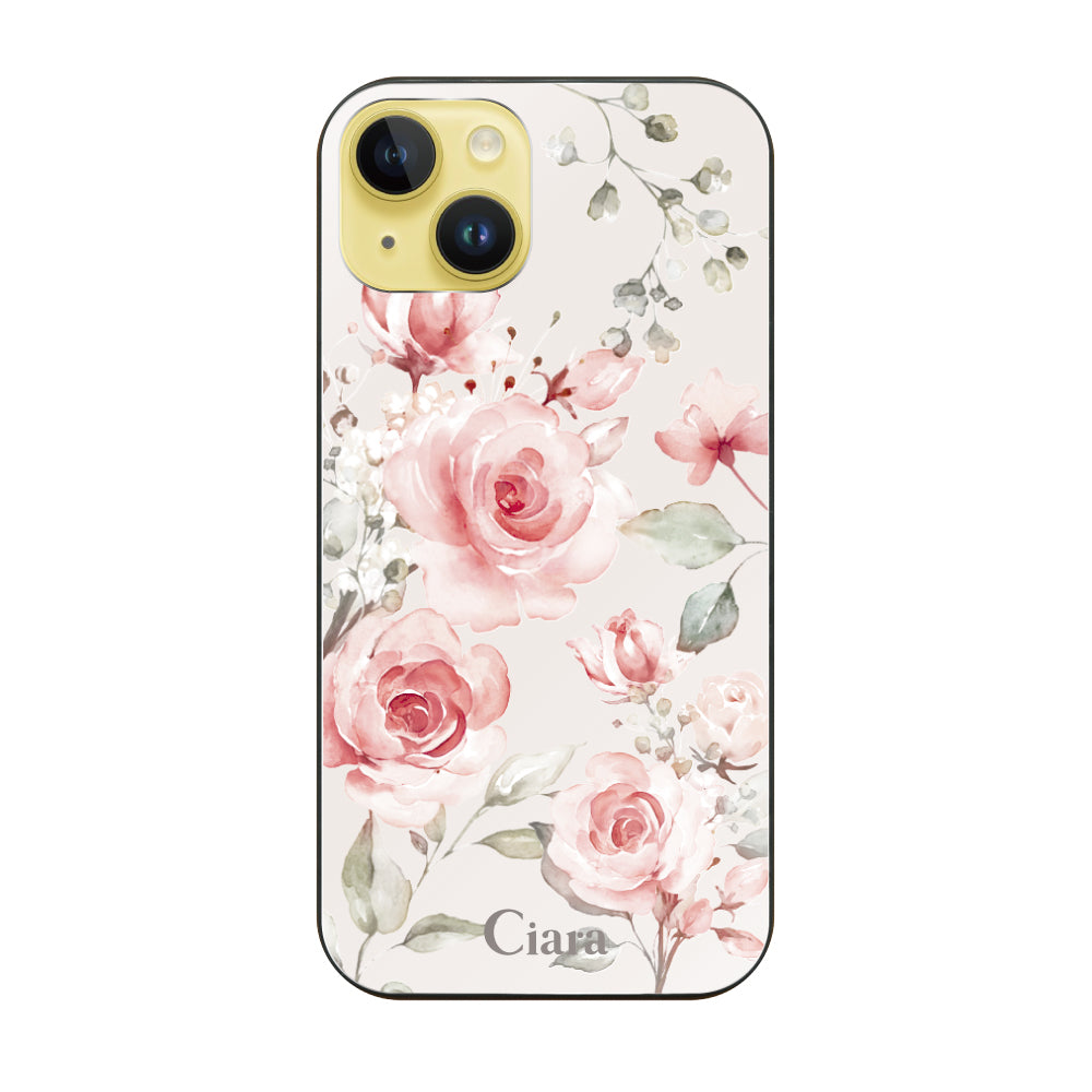 iPhone14Plusケース ガラス 強化ガラスケース スプリンクルフラワー ピンク