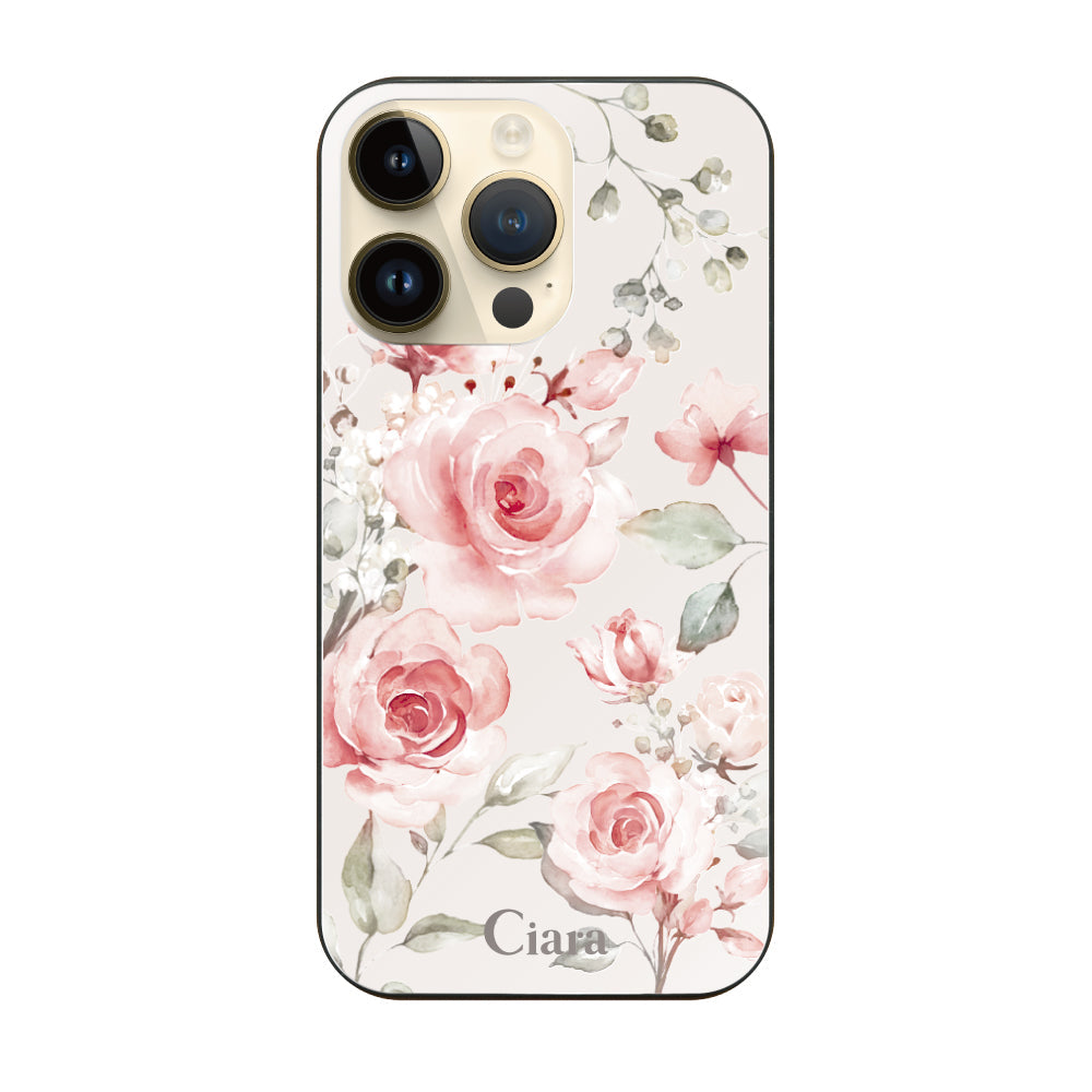 iPhone14Proケース ガラス 強化ガラスケース スプリンクルフラワー ピンク