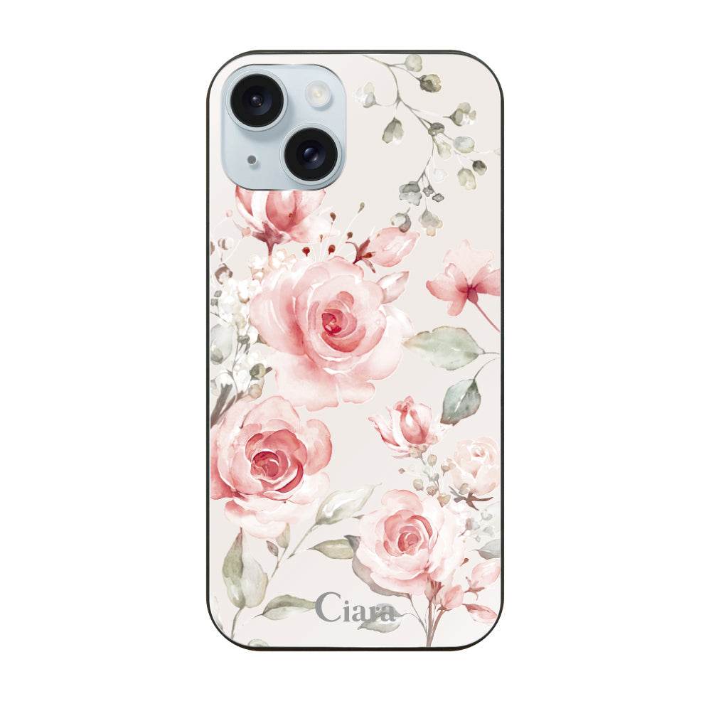 iPhone15Plusケース ガラス 強化ガラスケース スプリンクルフラワー ピンク