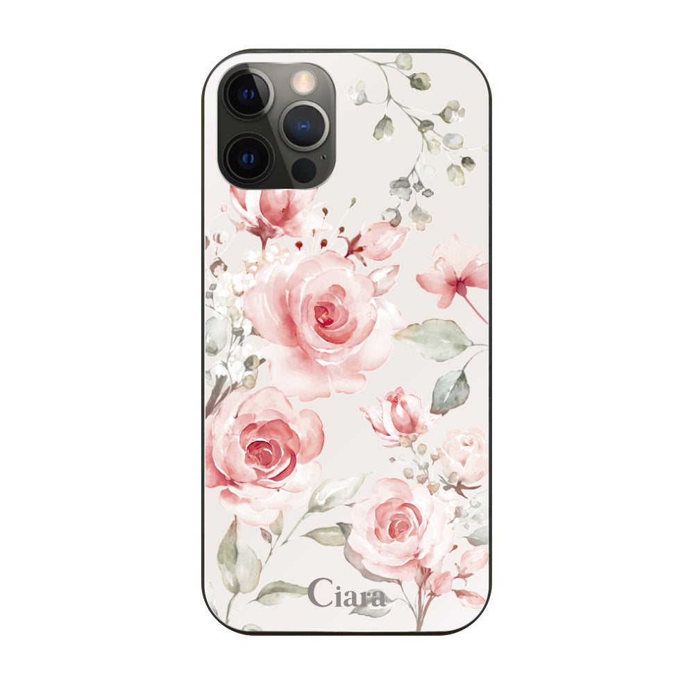 iPhoneX/XSケース ガラス 強化ガラスケース スプリンクルフラワー ピンク