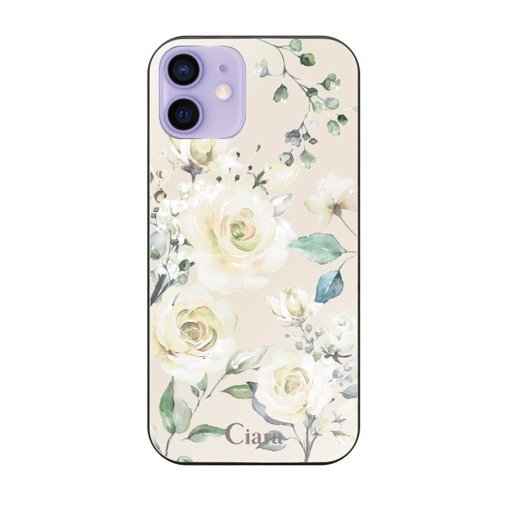 iPhone12/12Proケース ガラス 強化ガラスケース スプリンクルフラワー イエロー