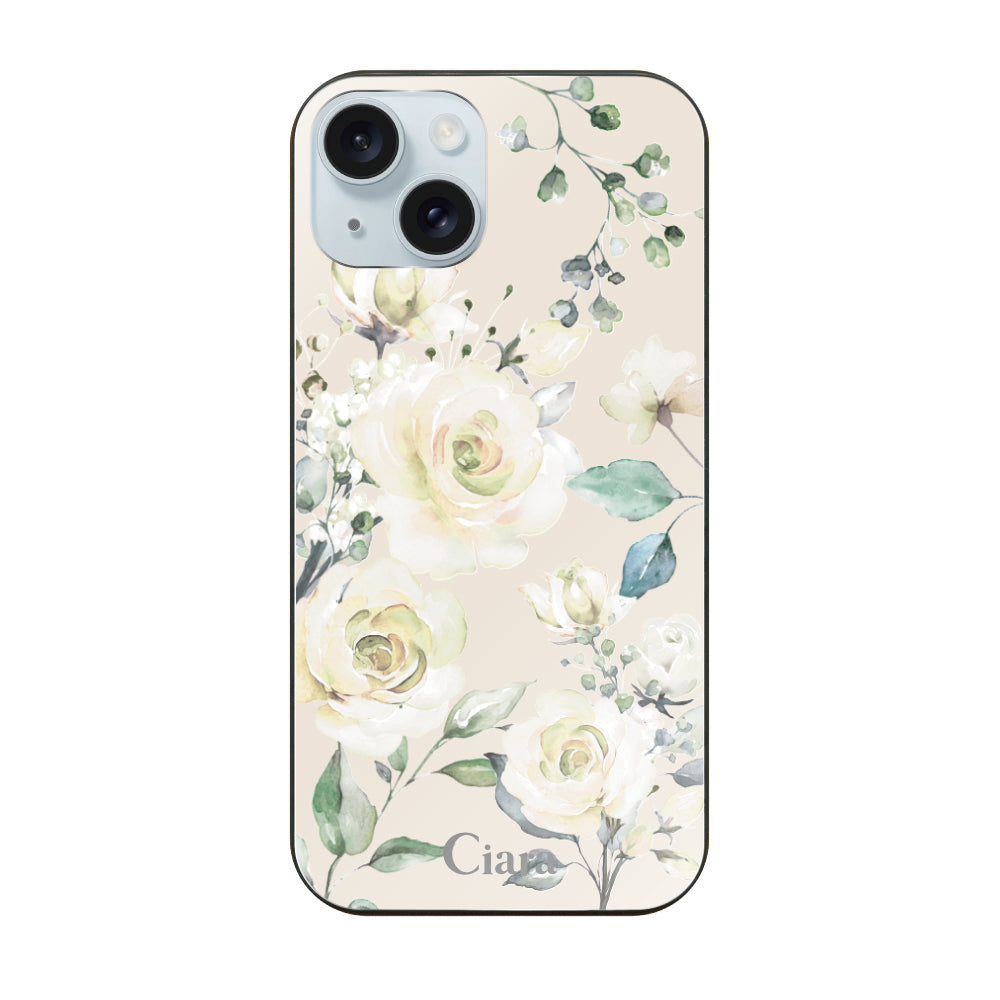 iPhone15Plusケース ガラス 強化ガラスケース スプリンクルフラワー イエロー