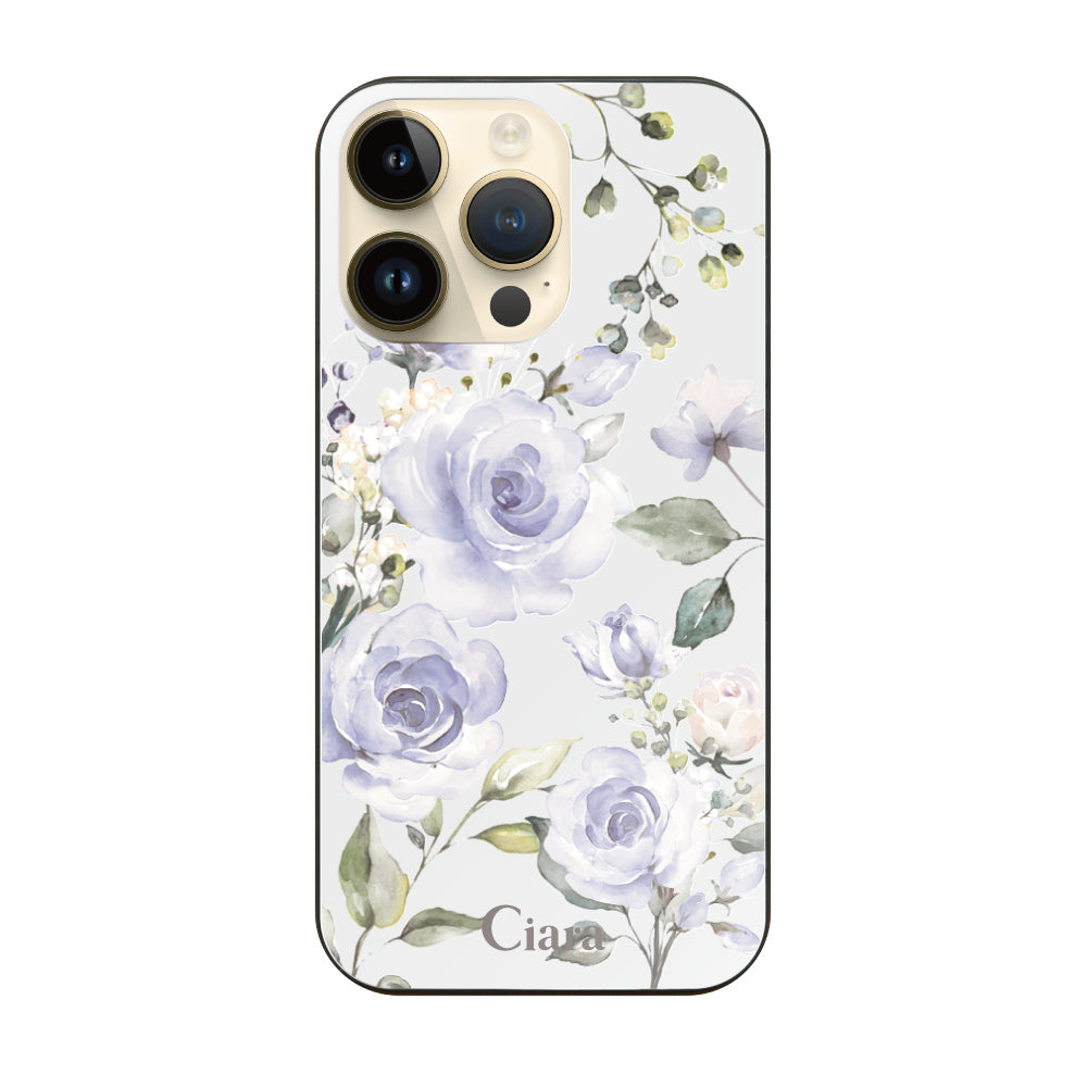 iPhone14Proケース ガラス 強化ガラスケース スプリンクルフラワー パープル