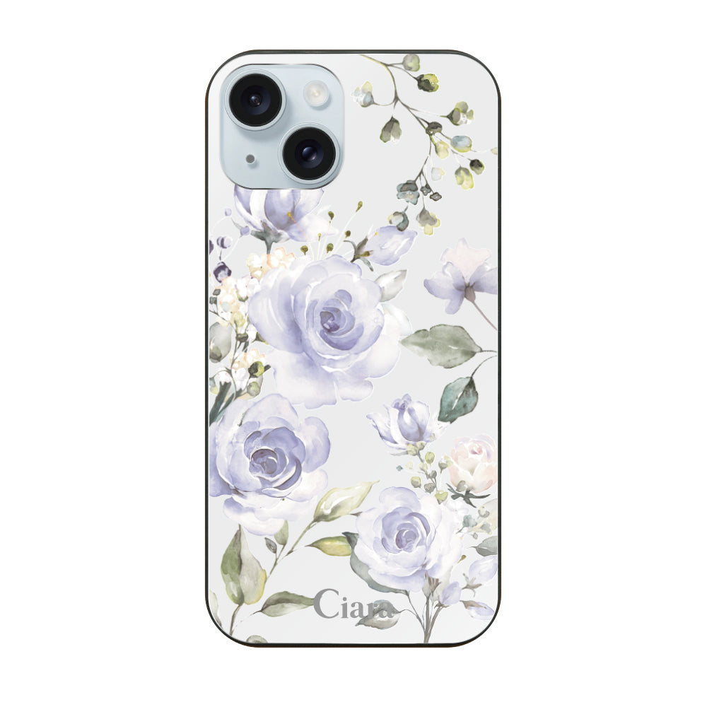 iPhone15Plusケース ガラス 強化ガラスケース スプリンクルフラワー パープル