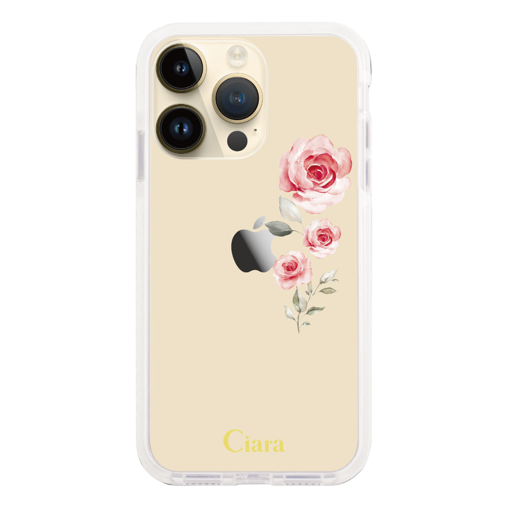 iPhone14Proケース クッションバンパー 耐衝撃クリアケース ヴァーティカルフラワー ピンク