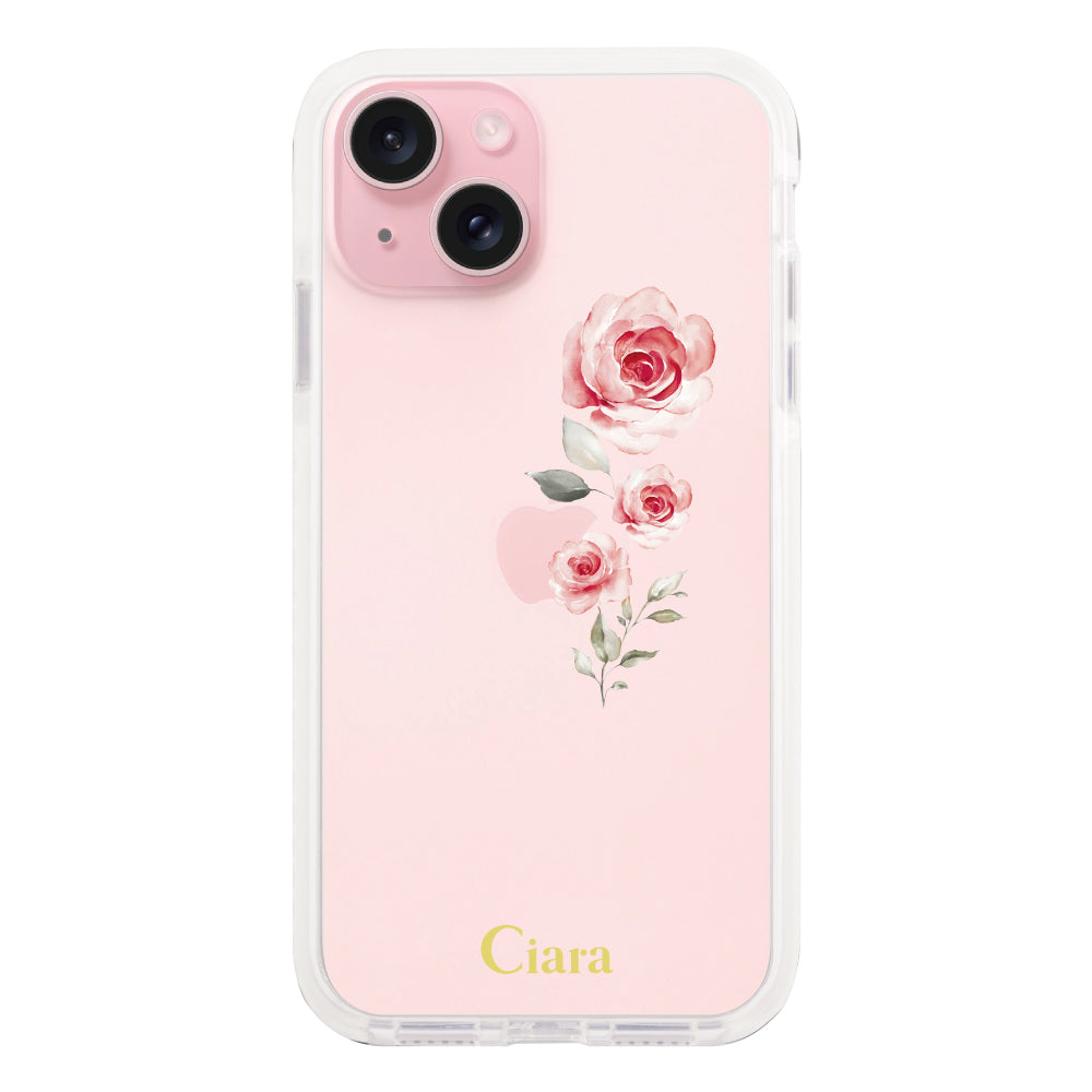 iPhone15ケース クッションバンパー 耐衝撃クリアケース ヴァーティカルフラワー ピンク