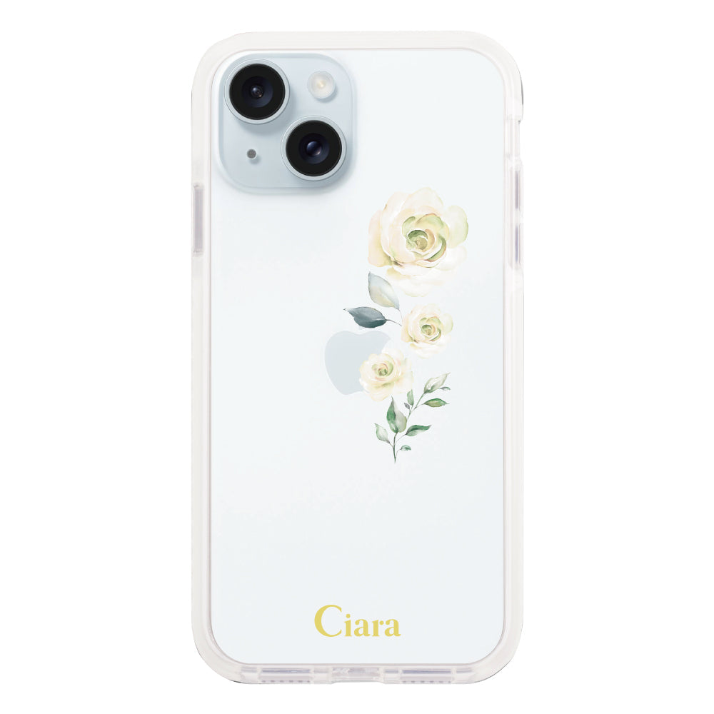 iPhone15Plusケース クッションバンパー 耐衝撃クリアケース ヴァーティカルフラワー ブルー