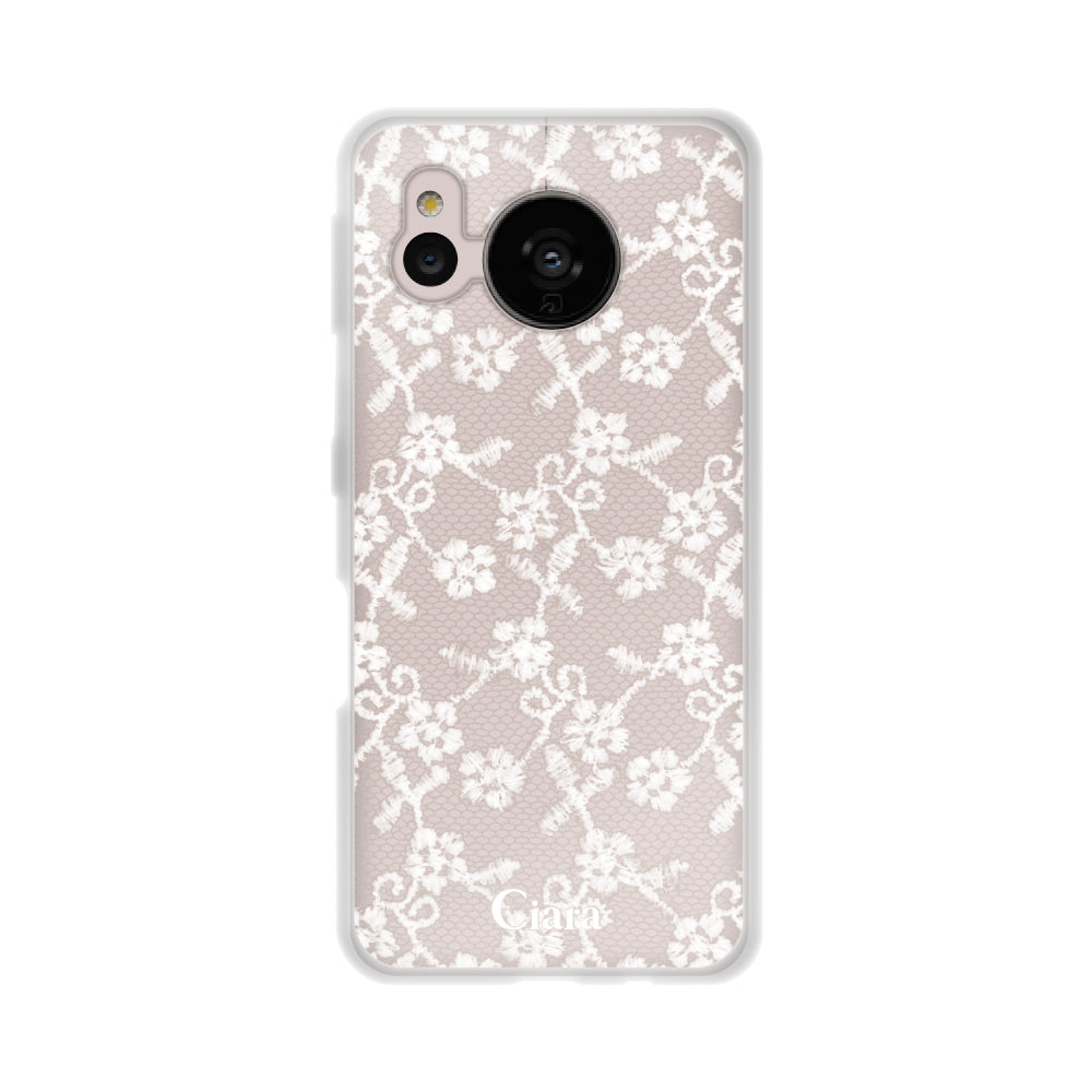 AQUOSSENSE7ケース クリアケース ファブリックスモールフラワーレース ホワイト