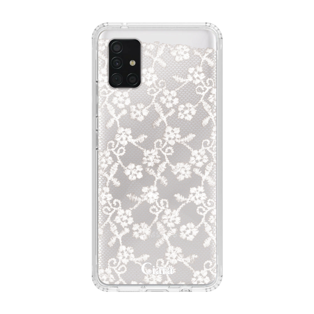 GalaxyA51ケース クリアケース ファブリックスモールフラワーレース ホワイト