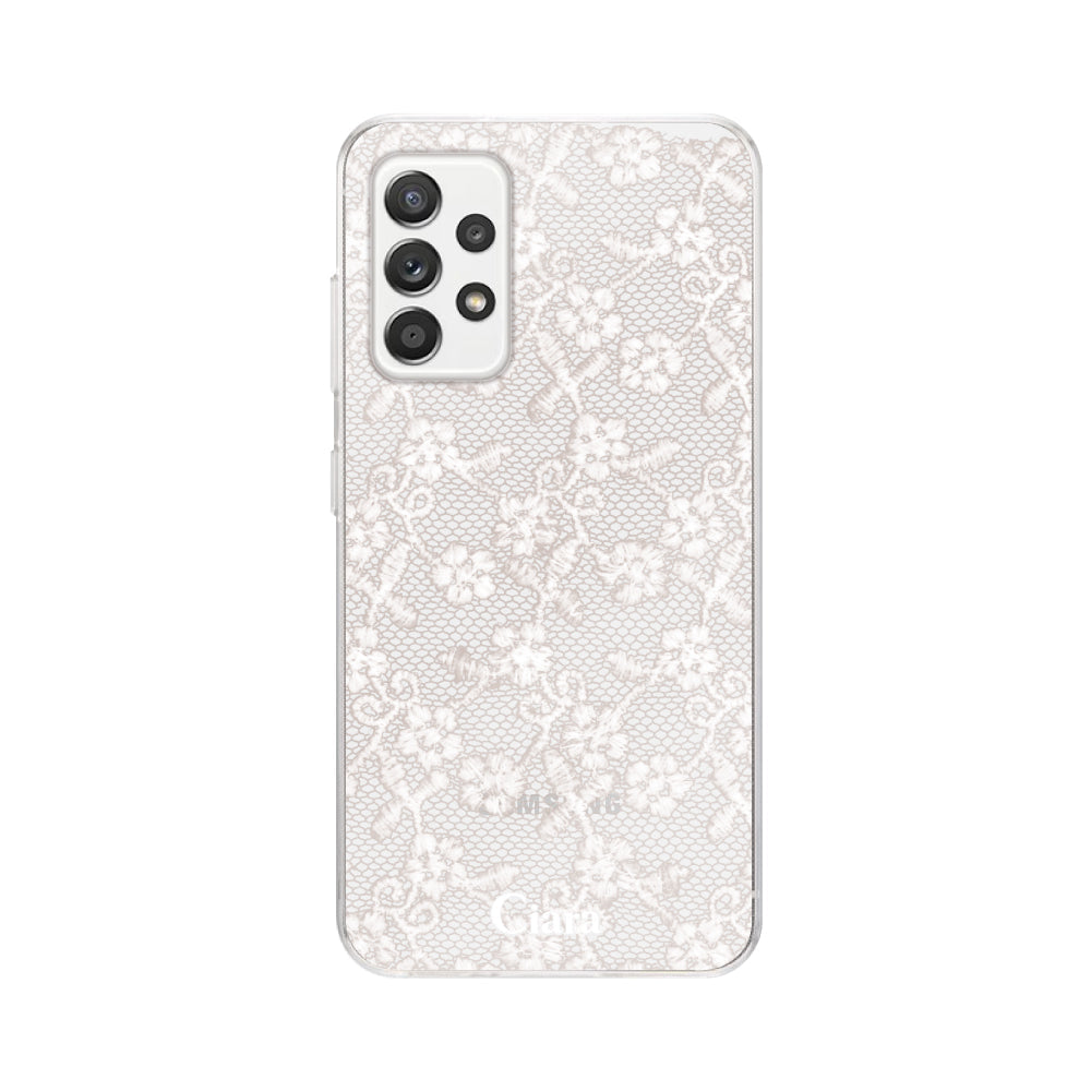 GalaxyA52ケース クリアケース ファブリックスモールフラワーレース ホワイト
