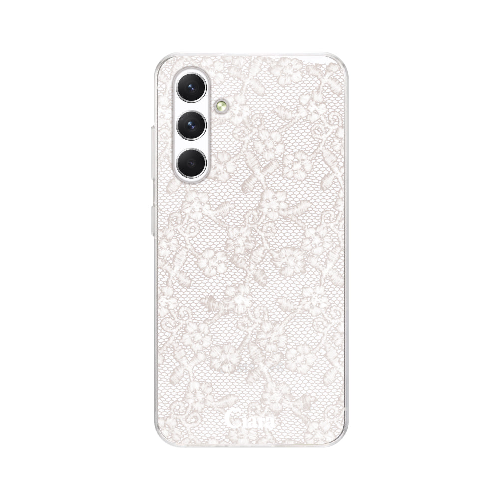 GalaxyA54ケース クリアケース ファブリックスモールフラワーレース ホワイト