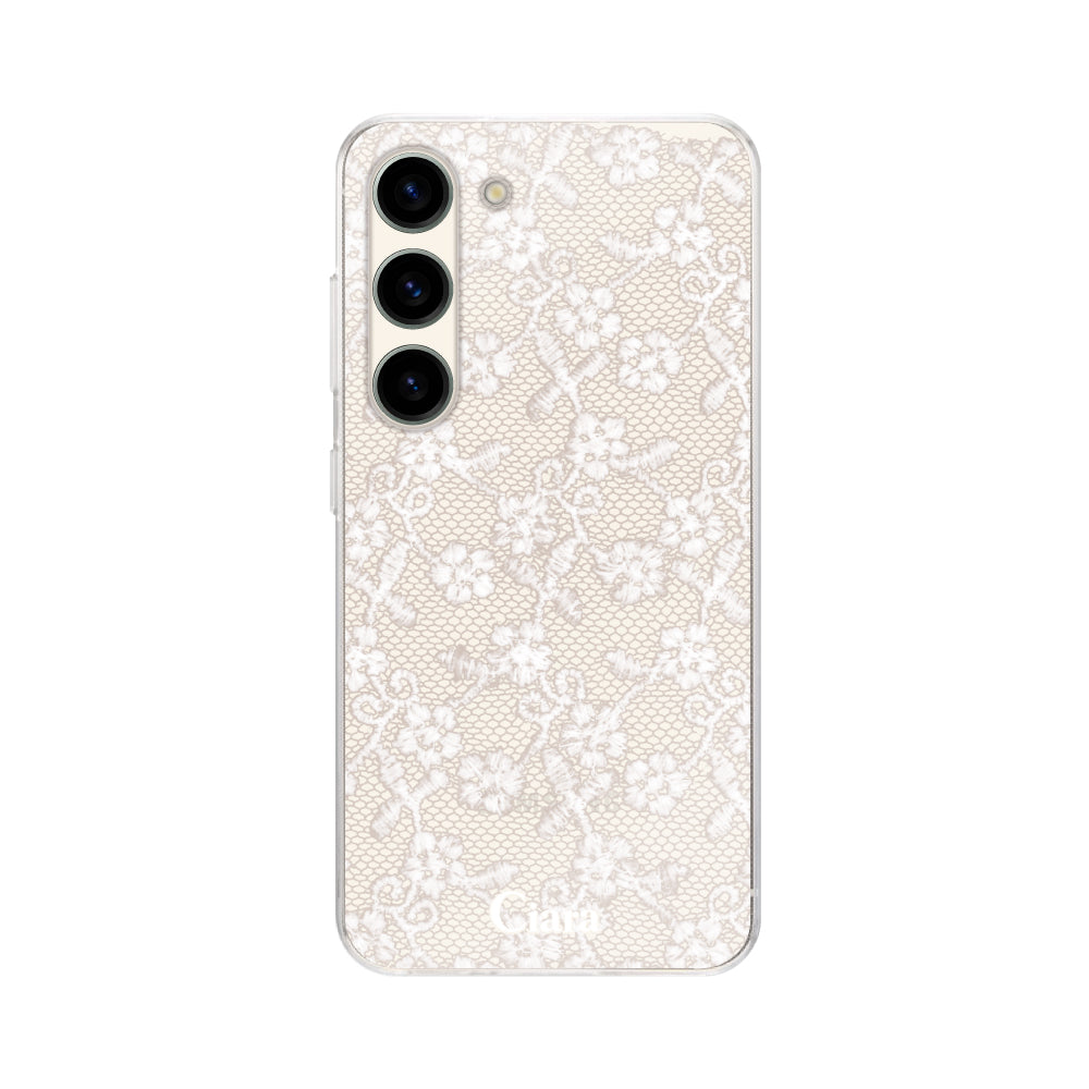 GalaxyS23ケース クリアケース ファブリックスモールフラワーレース ホワイト