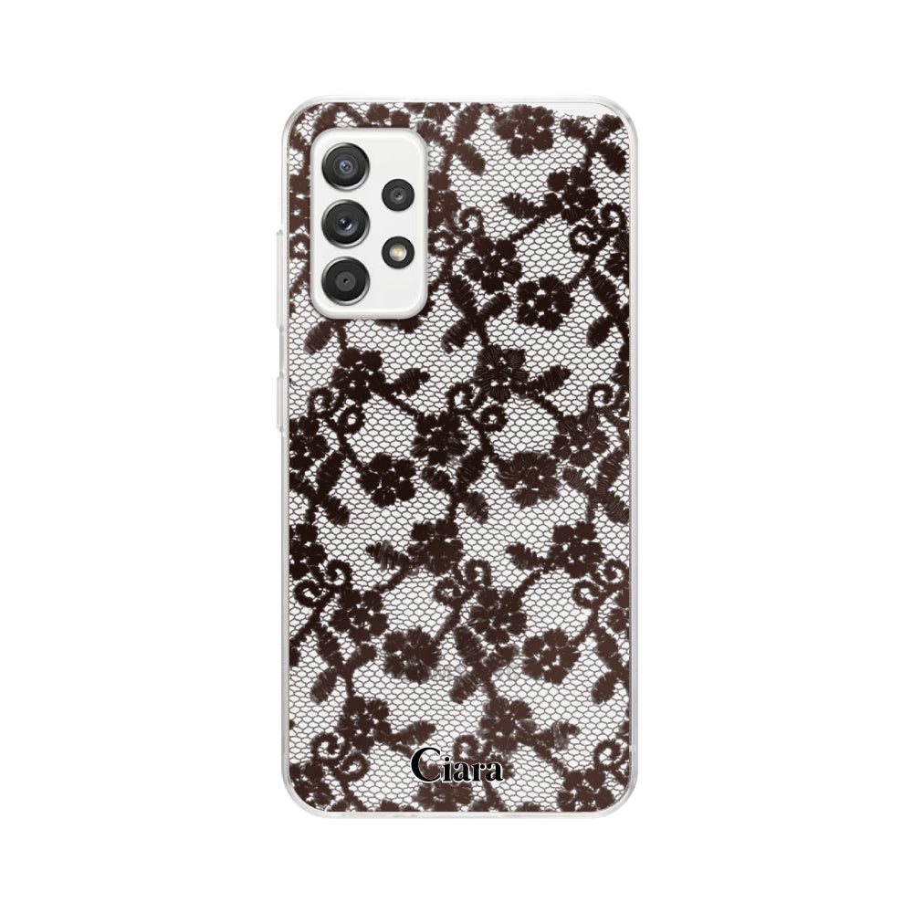 GalaxyA52ケース クリアケース ファブリックスモールフラワーレース ブラック
