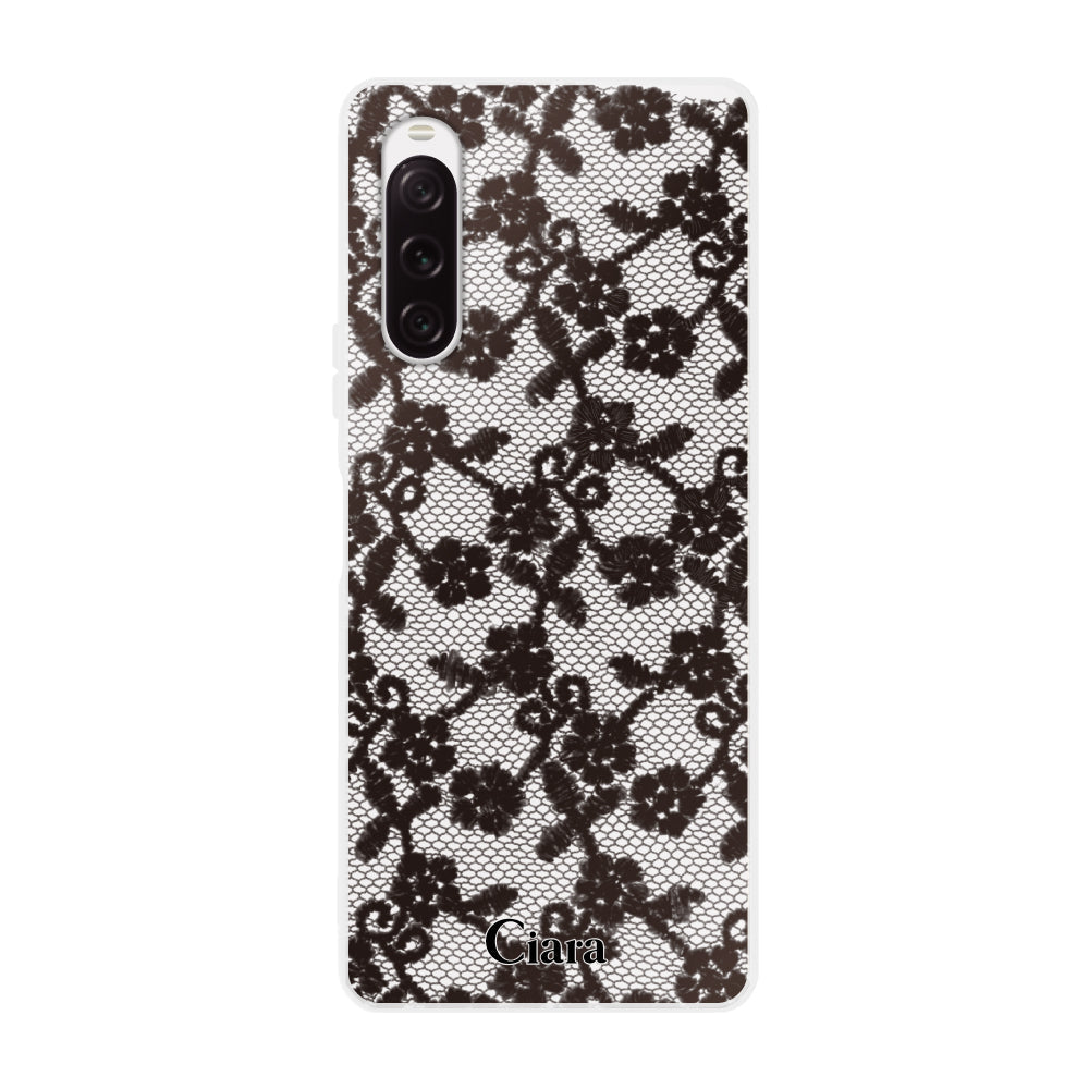 Xperia10Ⅴケース クリアケース ファブリックスモールフラワーレース ブラック