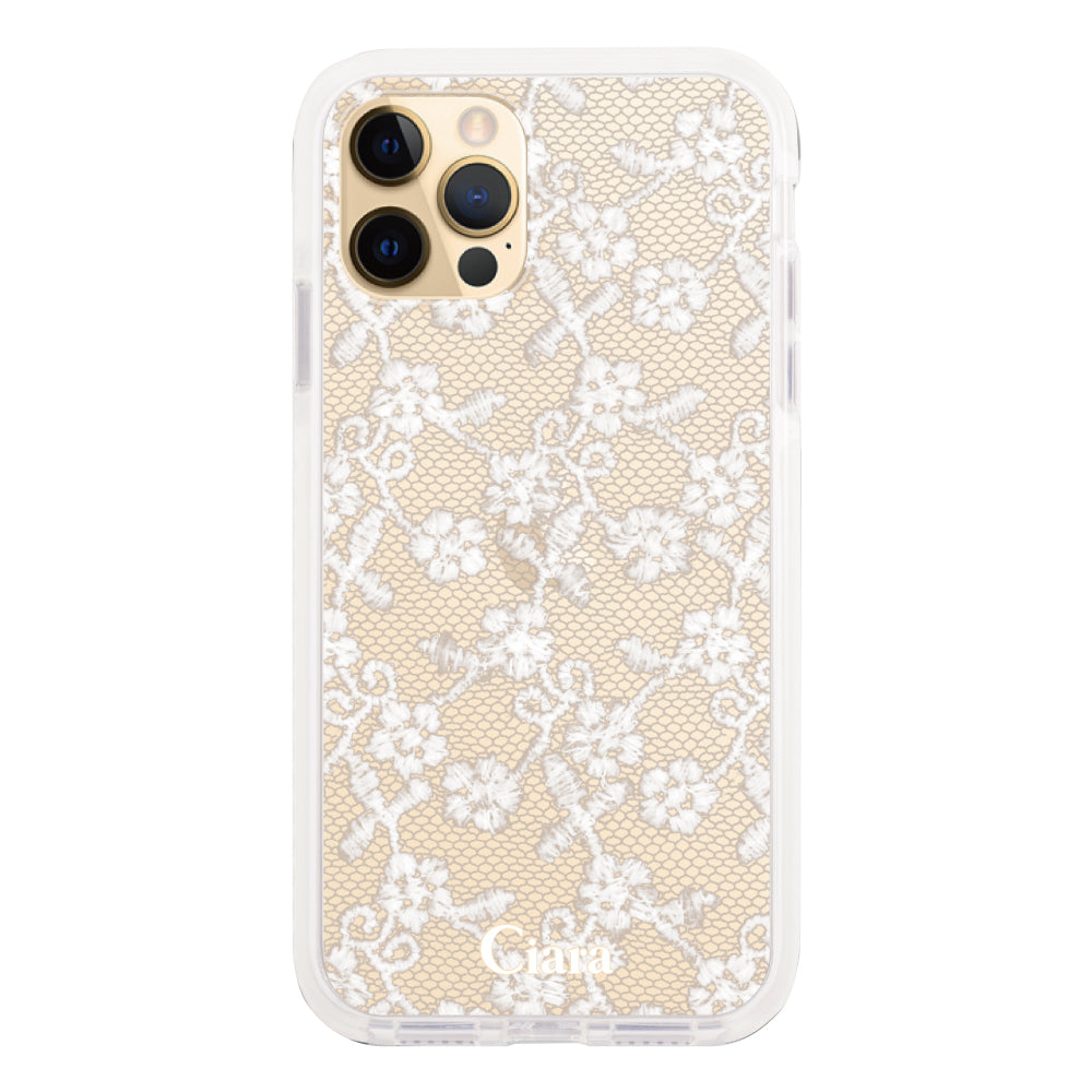 iPhone11ProMaxケース クッションバンパー 耐衝撃クリアケース ファブリックスモールフラワーレース ホワイト