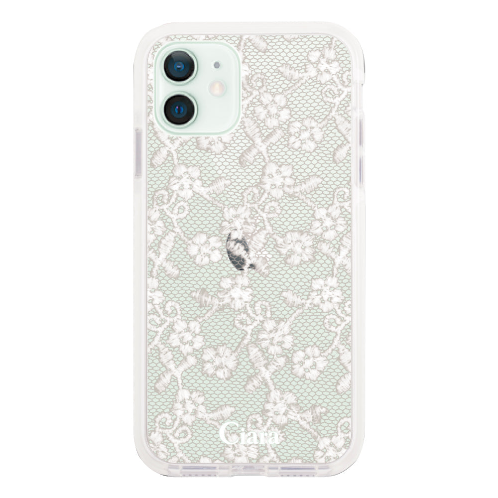 iPhone12miniケース クッションバンパー 耐衝撃クリアケース ファブリックスモールフラワーレース ホワイト