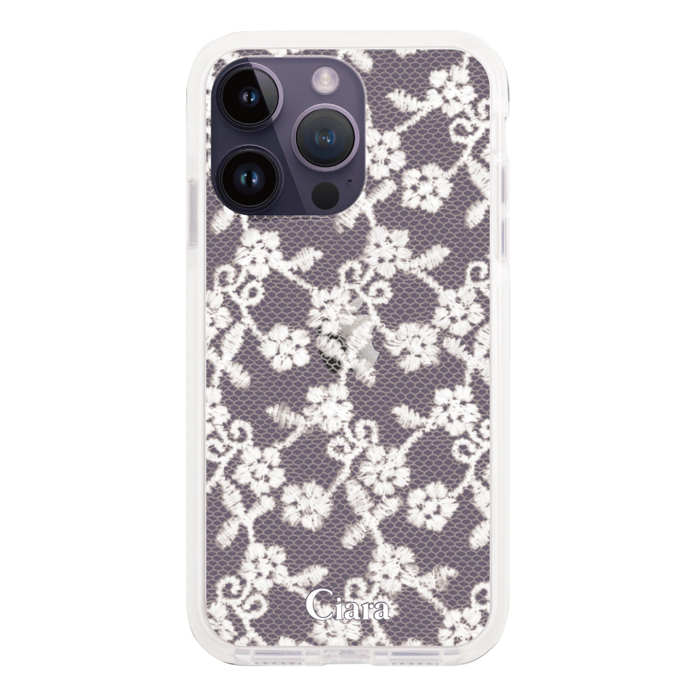 iPhone14ProMaxケース クッションバンパー 耐衝撃クリアケース ファブリックスモールフラワーレース ホワイト