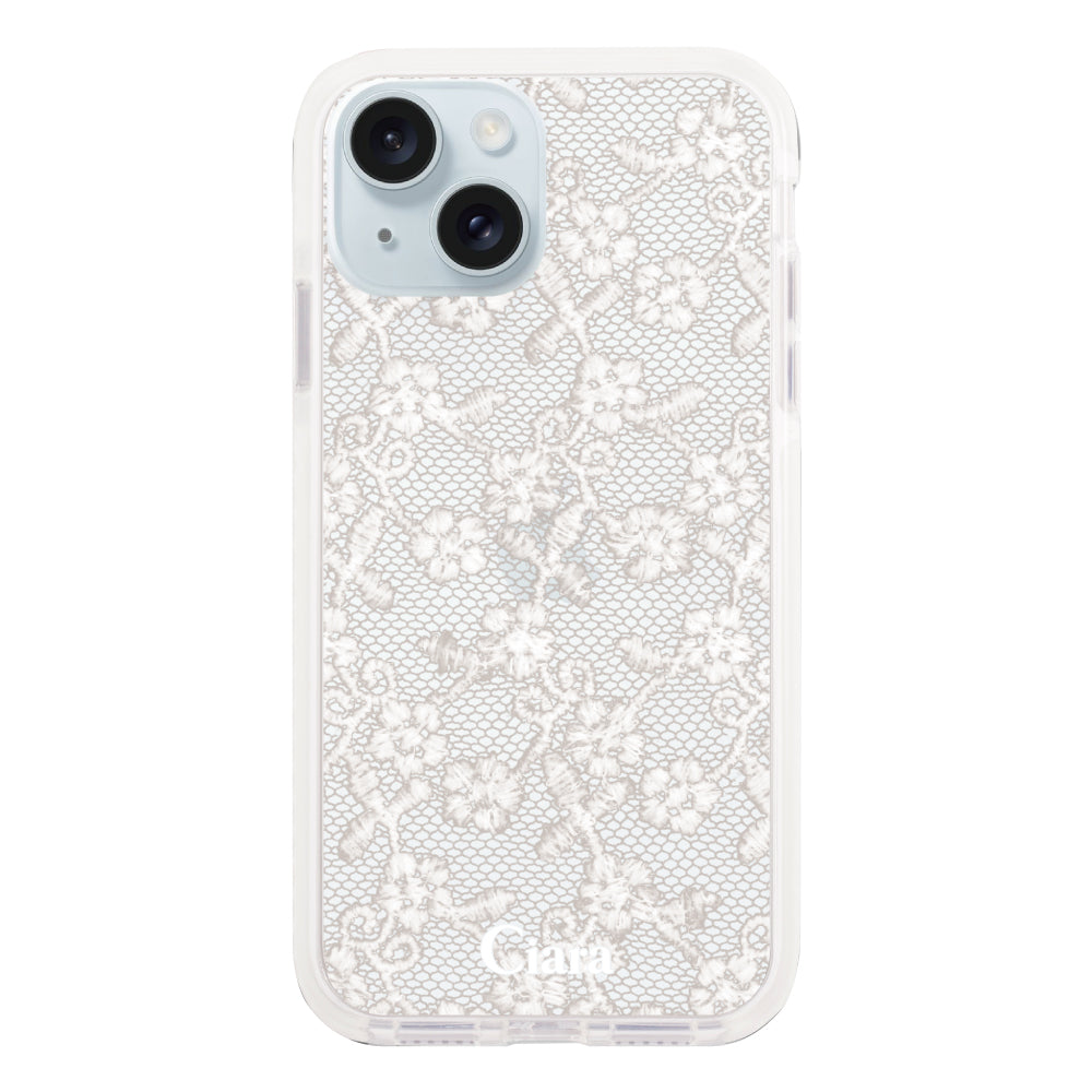 iPhone15Plusケース クッションバンパー 耐衝撃クリアケース ファブリックスモールフラワーレース ホワイト