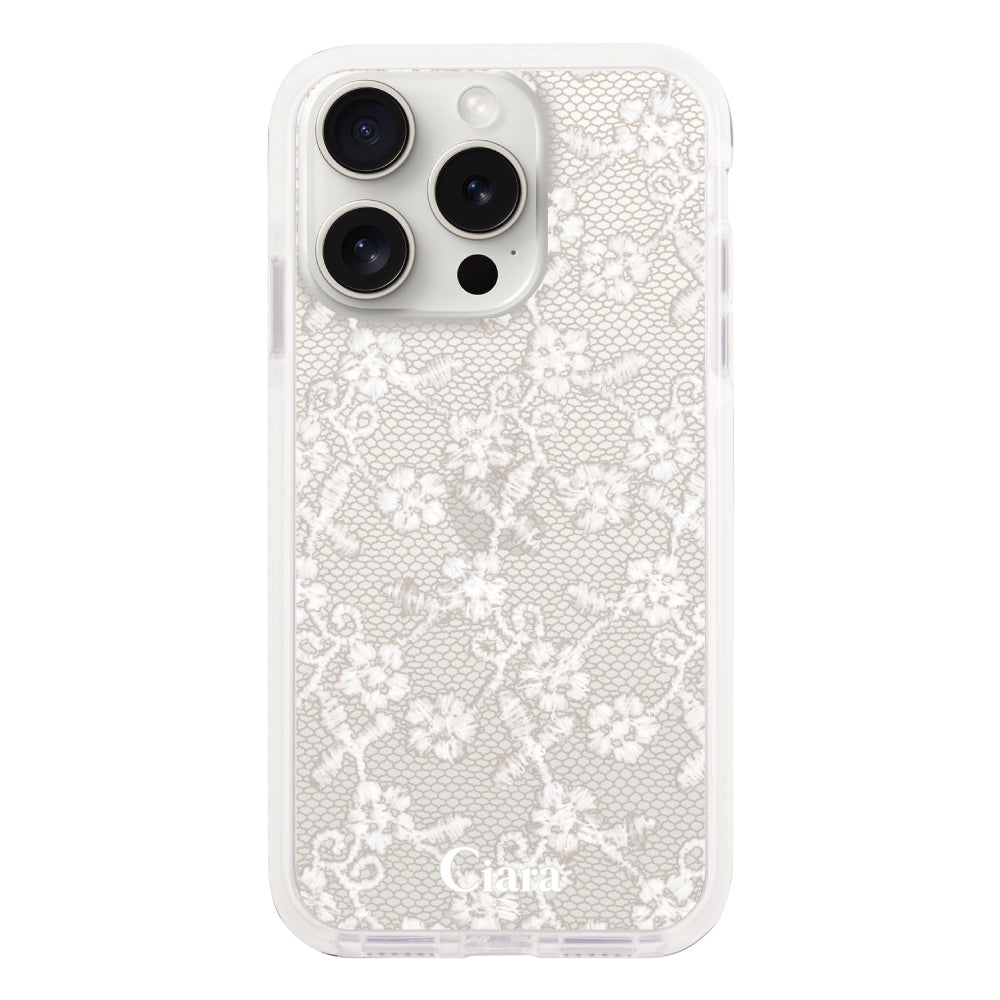 iPhone15ProMaxケース クッションバンパー 耐衝撃クリアケース ファブリックスモールフラワーレース ホワイト