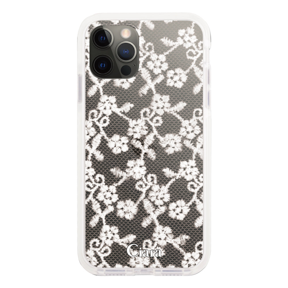 iPhoneX/XSケース クッションバンパー 耐衝撃クリアケース ファブリックスモールフラワーレース ホワイト